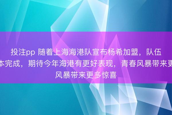 投注pp 随着上海海港队宣布杨希加盟，队伍重建基本完成，期待今年海港有更好表现，青春风暴带来更多惊喜