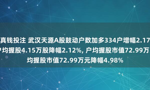 真钱投注 武汉天源A股鼓动户数加多334户增幅2.17%， 流畅A股户均握股4.15万股降幅2.12%， 户均握股市值72.99万元降幅4.98%