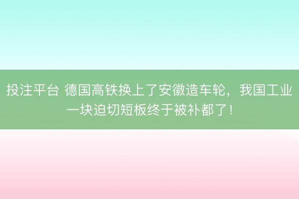 投注平台 德国高铁换上了安徽造车轮，我国工业一块迫切短板终于被补都了！