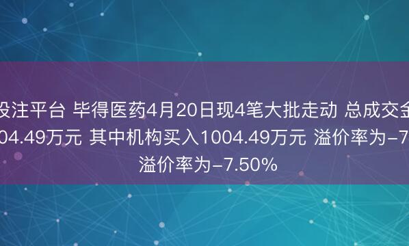 投注平台 毕得医药4月20日现4笔大批走动 总成交金额1004.49万元 其中机构买入1004.49万元 溢价率为-7.50%